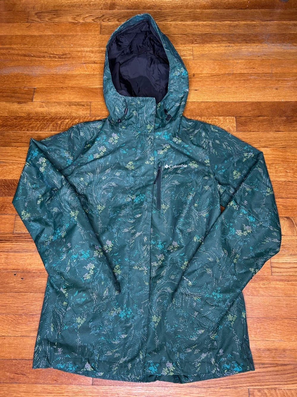 Columbia Teal Green Floral Print Hooded Rain Jacket